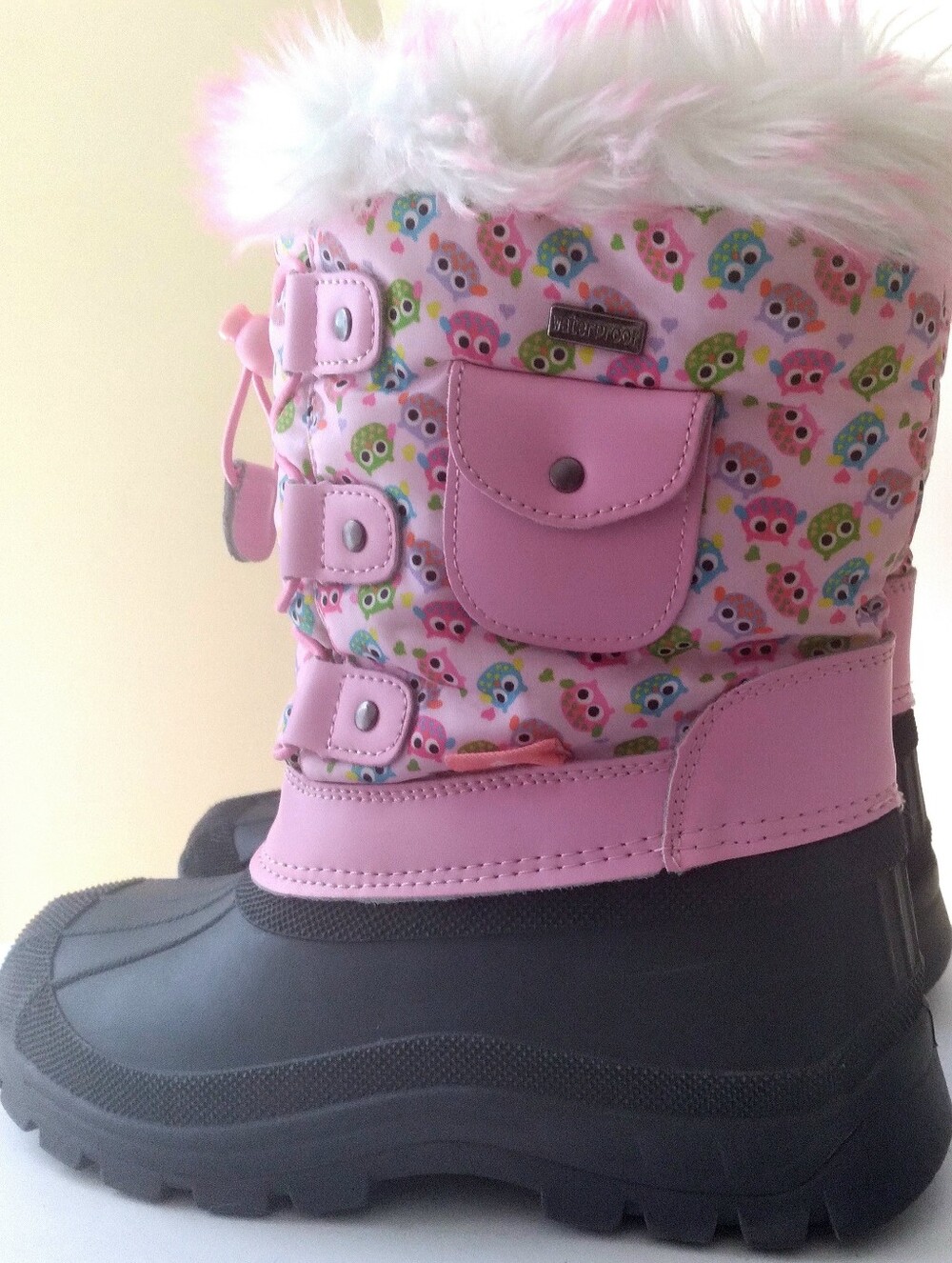 3M Thinsulate Pink Owl Kids WinterSnow Rain Boots with Faux Fur Trim